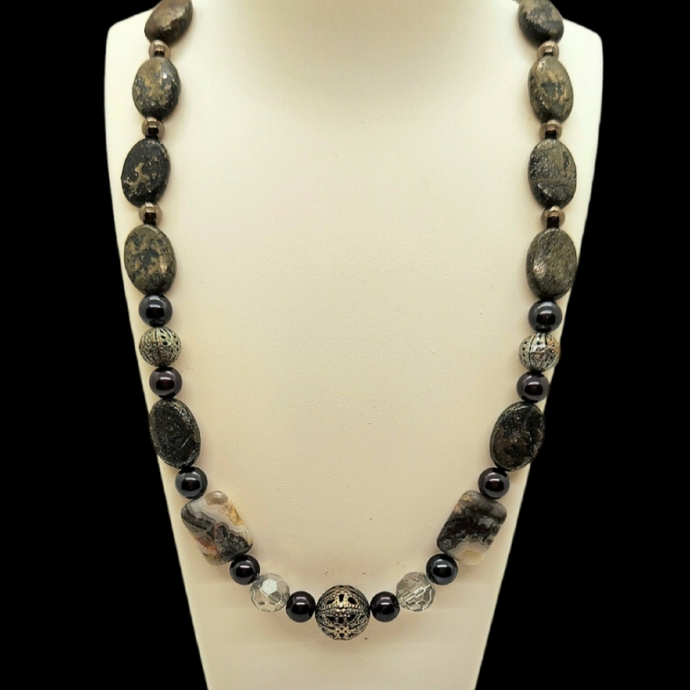Pyrite (Fool's Gold), Obsidian, Jasper & Hematite Gemstone Necklace